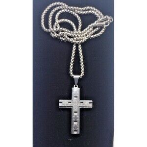 Stainless Steel Cross Necklace Pendant Cubic Zirconia Box Chain Religious 24"